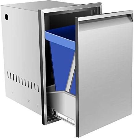 Yoloyakidra Built-in Trash Drawer with Recessed Handle Pull Out Tray Trash Bin Lower Sliding Rails Stainless Steel for Outdoor Kitchen BBQ Island Grill Station (16 W x 22.3 H x 18 D)