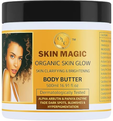 Organic Skin Glow Clarifying & Brigthening Body Butter 500ml 16.91 ﬂ oz Dermatologically Tested ALPHA ARBUTIN & PAPAYA ENZYME FADE DARK SPOTS, BLEMISHES & HYPERPIGMENTATION