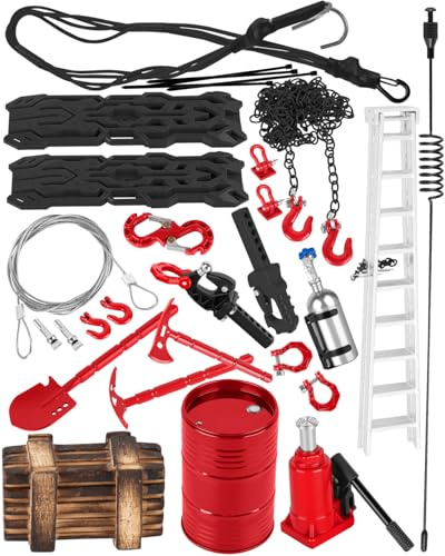 RCarmubWow Accessories Simulation Decoration for 1/10 RC Crawler SCX10 Trx4 Trx6,Simulated Hydraulic Jack/Ladder/Tow Rope/Recovery Board/Tool/Box/Antennas/Metal Chains/Hooks,Blk