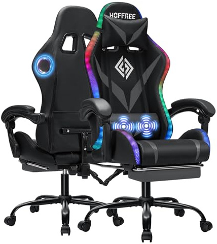 Gaming Chair with Bluetooth Speakers and RGB LED Lights Ergonomic Massage Computer Gaming Chair with Footrest Video Game Chair High Back with Lumbar Support Grey and Black