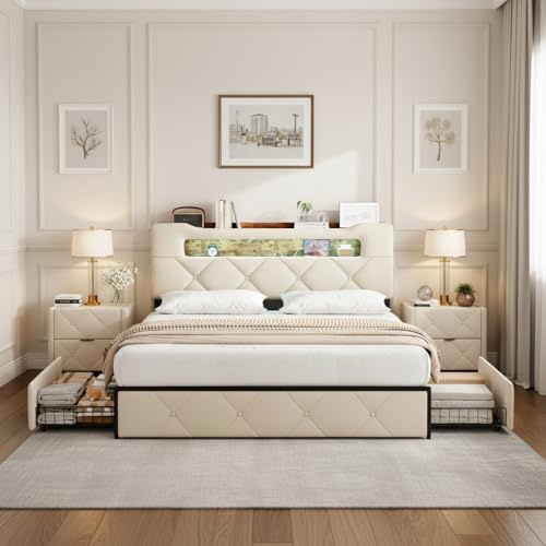 RXMORI Letto matrimoniale imbottito 160 x 200 cm con LED, letto con 4 cassetti e testiera, letto per ragazzi con rete a doghe, senza materasso, velluto (beige B, 160 x 200 cm)