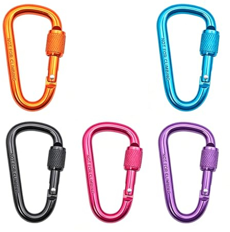 5PCS Locking Carabiner Clips, Screw Gate D Shape Carabiners for Outdoor Use | 5 locking carabiner clips with key rings for keys, backpacks, travel gear and everyday hanging use