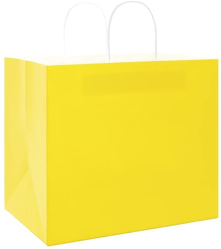 QUAHEAS Pappersbärkassar gul med handtag 32 x 22 x 28 cm 50 stycken kraftpapperspåsar för gåva, fest, förpackning, gåva, födelsedag, bröllop, jul, påsk, firande, evenemang