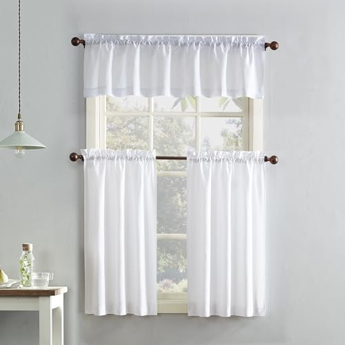 No. 918 Martine Microfiber Semi-Sheer Rod Pocket Kitchen Curtain Valance and Tiers Set, 54 x 36, White