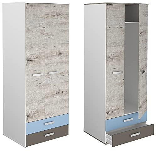 Lomadox Kleiderschrank LEEDS-10 mit 2 Türen und 2 Schubkästen, Sandeiche Nb./weiß/Lava/Denim, B/H/T ca. 75,6/193,5/60,0 cm