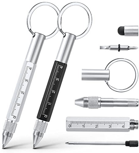 Vicloon Multifunktionsstift, 2 Stücke 6 in 1 Werkzeugstift Werkzeugstift, Geschenke für Männer, Vatertagsgeschenk, Männer Geschenke für Papa/Opa, Praktische und Kreative Geschenke(A,Schwarz/Silber)