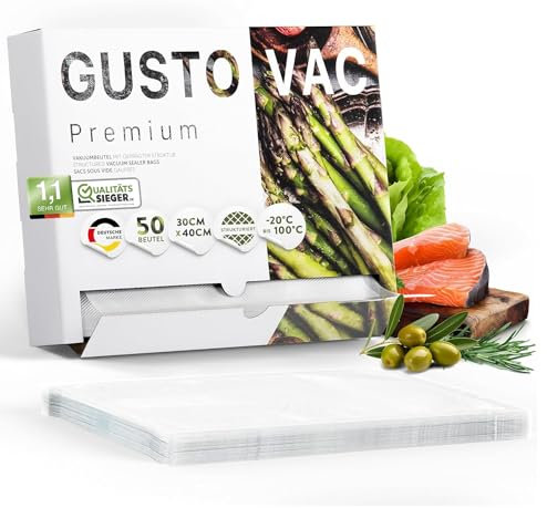 GustoVac Premium Vakuumbeutel, 50 Stk. 30x40cm Profi- Folienbeutel, Vakuumierbeutel für Vakuumierer, Kochfest & Sous Vide Gefrierbeutel, Lebensmittel Vakuumiergerät, Made in Netherlands, BPA-frei