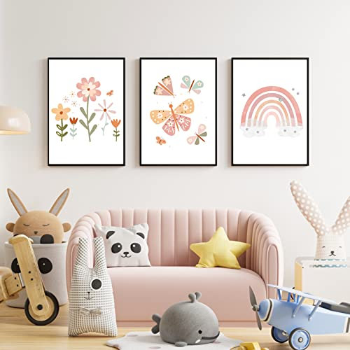 Encuryna 3er Set Poster Kinderzimmer Babyzimmer 40x30 cm, Regenbogen Schmetterlinge Blumen Bilder Ohne Rahmen, Wandposter Bilder Babyzimmer Bilder Kinderzimmer Deko für Junge Mädchen