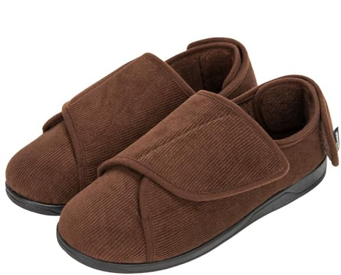HomeTop Men's Corduroy Slippers Comfy Adjustable Hook and Loop Memory Foam Wide Indoor House Shoes for Diabetic Swollen Feet Coffee, 7 UK