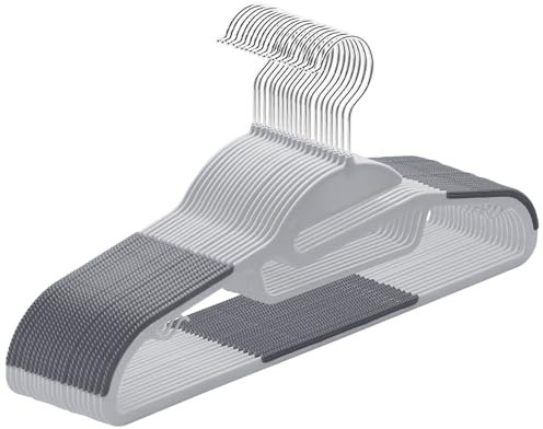 ABHENG Kleiderbügel Kunststoff, 20er-Pack Rutschfester Bügel mit U-förmiger Öffnung, Nass und Trocken, Platzsparender Kleiderbügel mit Krawattenhalter und 360° drehbarer Haken, Grau + Silber, APY0420G