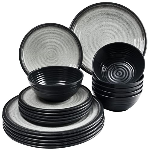 Melamin Geschirr Set für 6 Personen Grau Granit-Optik 18 Teile - Campinggeschirr Geschirrset Tafelgeschirr - Spülmaschinengeeignet Tableware Outdoor Camping