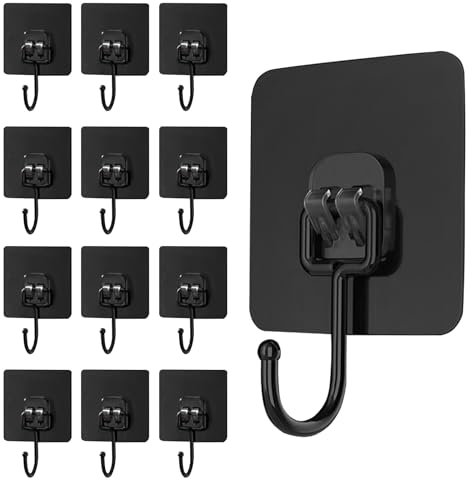 MOSTFUN 12 Pack Self Adhesive Hooks, Adhesive Hooks Heavy Duty 66 lb/ 30kg (Max) Waterproof Sticky Hooks Strong Black Stick on Wall Hooks Nail Free for Bathroom Kitchen Office Ceiling