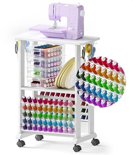 Crafit Nähtisch, Näh-Beistelltisch mit Garnhalter, tragbarer 3-in-1-Multifunktions-Nähmaschinentisch mit Rädern zur Aufbewahrung von Nähmaschinen, Stickgarn（Maschinenstickgarn Nicht enthalten）