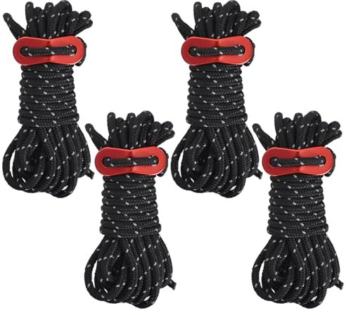 Paquete de 4 Cuerdas Reflectantes para Tienda De Campaña, 4m*4mm Cuerda De Camping Ligera para Tienda, Cuerda de Tienda con Hebilla de Aluminio,Cuerda de Nailon,Adecuado para Acampar (Negro)