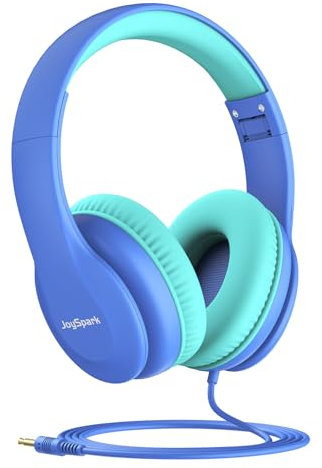 JoySpark Casque filaire pour enfants, limite de volume de 85 dB, casque pour enfants de 3,5 mm avec cordon, réglable, son stéréo pliable pour l'école, bleu