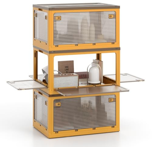 COSTWAY 292L Stackable Storage Boxes with Lids, 3-Tier Large Collapsible Storage Bins with Wheels and 5 Open Doors, Foldable Plastic Storage Containers Organiser for Bedroom Closet Office (Yellow)