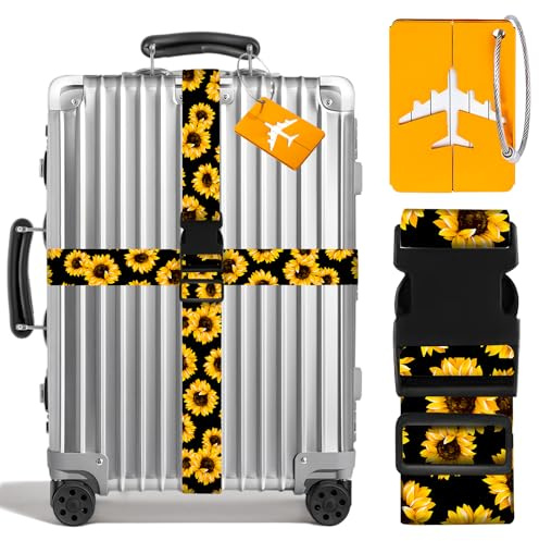 2 Pièces Sangle pour Valise,avec 2 pièces Etiquette Valise,Sangles à Bagage,Sangles de Bagages Striking,Protege Valise de Voyage Soute,pour Accessoires Voyage(Gerbera)