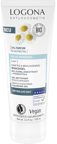 LOGONA Naturkosmetik PUR Sanftes & beruhigendes Waschgel mit Bio-Kamillenextrakt & Probiotika, pH-hautneutrales Reinigungsgel für empfindliche Haut, für eine reine Gesichtshaut, 100ml