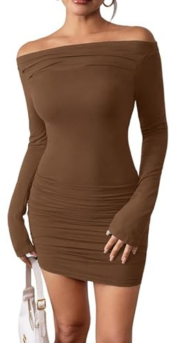 HaibangVestito Donna Elegante Maniche Lunghe Sexy Mini Abito da Sera Vestito Corto con Spalle Scoperte Casual Tubino Bodycon Dress Aderente Vestiti de Discoteca Cerimonia Cocktail Party Ballo Festa