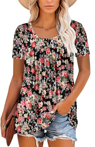 Magritta Womens Summer Shirt Plus Size T-Shirt Tunic Tops to Wear with Leggings Short Sleeve Floral Printed Plain Blouses Yellow Grey X-Large