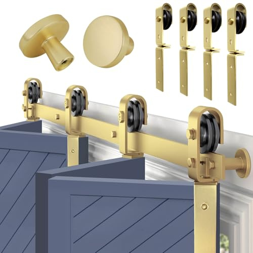 Rio Salto Gold Bifold Sliding Barn Door Hardware Kit Heavy Duty Metal Track System with Matching Knobs Gold Bi-Fold Barn Door Bifold Closet Doors, Bi-Folding 52 Track for 4 Doors, 4 Rollers No Door