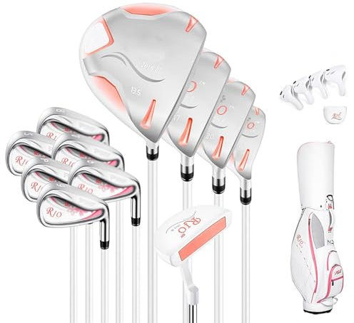KLYDBMYT Paquete Completo de Palos de Golf para Damas, 11 Piezas, Incluye Driver de Golf de Titanio, Maderas de Calle n.° 3 y n.° 5, 4 híbridos, hierros 6-9ps, Putter y Bolsa de Golf para Damas