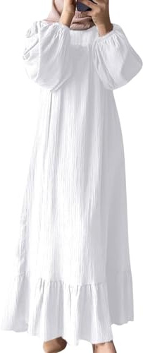Dresses Women Muslim Women Abaya Long Sleeve Muslim Dress Prayer Clothing Casual Kaftan Bandage Dress, White, S
