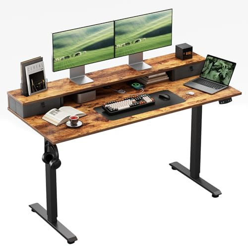 Klicelor Height-Adjustable Desk with Double Drawers, Electric Height-Adjustable Desk, Sit-Stand Computer Desk, Ergonomic Standing Desk, 140 x 60 cm, Brown