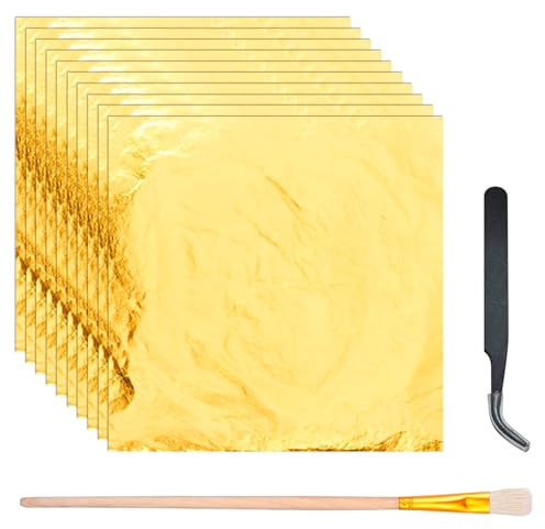 150 Blatt Blattgold,Blattgold Essbar,Blattgold Essbar Für Torten,14x14cm Tortendeko Goldfolie Mit Pinzetten Und Bürsten,Blatt Cake Essbare Imitation Papier,Zum Basteln Blattgoldblätter Decoration