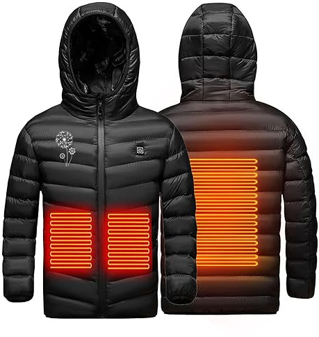 Manteau Chauffante USB Enfants Doudoune Chauffant avec 3 Zones de Chauffage Manches Longues Veste avec Capuche Imprimé Jacket Coupe-Vent Imperméable Outerwear pour Ski Pêche Camping de Pêche
