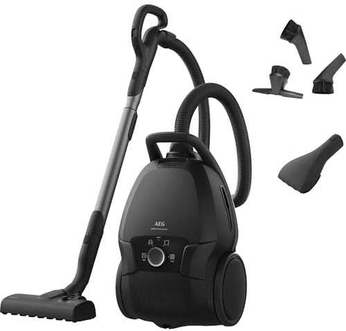 AEG Staubsauger mit Beutel, Leise 69 dB, HEPA‑Filter für Hygienisch Saubere Luft, 5 L Staubbeutel, Mini‑Turbodüse für Tierhaare, 12 m Reichweite, Alle Böden, Zusatzdüsen, Dunkelgrau, VX9‑5‑EBR