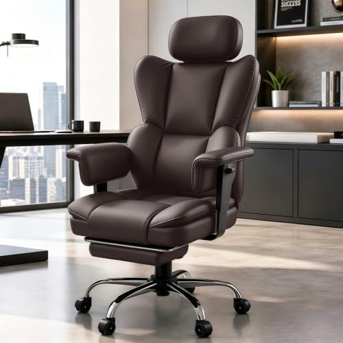 WXJHL Kontorsstol För Chefer,Högt Ryggstöd I PU-Läder Svängbar Med Fotstöd,Ergonomisk Recliner Design Med Svankstöd Och Justerbart Nackstöd För Hemmakontor Eller Gaming (Brun)