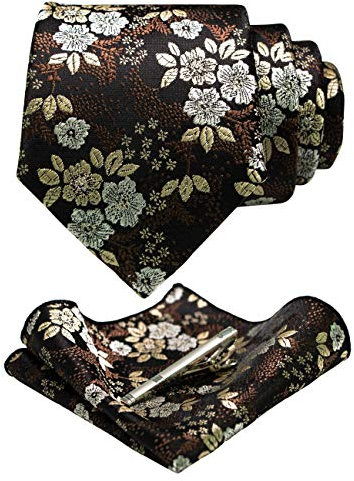 JEMYGINS Herren Blumen Krawatten und Einstecktuch Sets mit Krawattenklammer in verschiedenen Farben erhältlich,braun/dunkelbraun