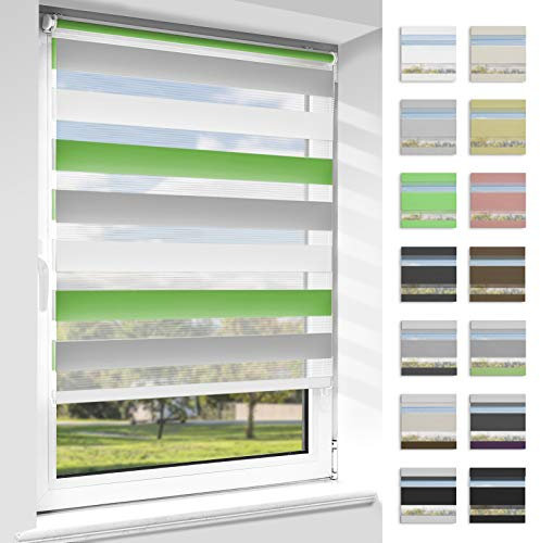 OUBO Doppelrollo Klemmfix, Rollos für Fenster ohne Bohren & mit Bohren (Grün-grau-weiß, 50cm x 130cm), Duo Rollo Klemmrollo Fensterrollo Easyfix, lichtdurchlässig und verdunkelnd.