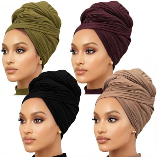 Nonbongoy Head Wraps for Black Women Long Soft Turban Hijab Scarf 4 Pack
