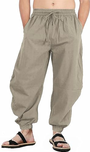 perdontoo Mens Casual Cotton Linen Pant Elastic Waist Drawstring Yoga Jogger Pants (X-Large, Light Coffee)