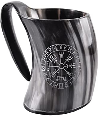 Battle-Merchant | Hochwertiger Wikinger Bierkrug aus Horn mit Vegvísir Motiv | Hornkrug Wegweiser Graviert | Mittelalterlicher Met-Krug bis zu 800ml