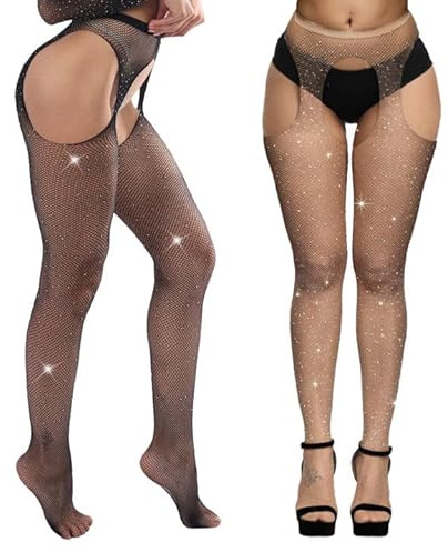 EUPSIIU 2 Pares Medias con Purpurina para Mujer Sexy Medias de Red de Cintura Alta Fishnet Medias de Rejilla Cristalino Brillante Rhinestone Pantimedias de Red Apretadas para Fiestas