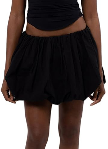 Y2K Casual Women's Mini Puff Skirt - Loose Fitting Elastic Waist Solid Color Short Puffball Skirt (A-Black, S)