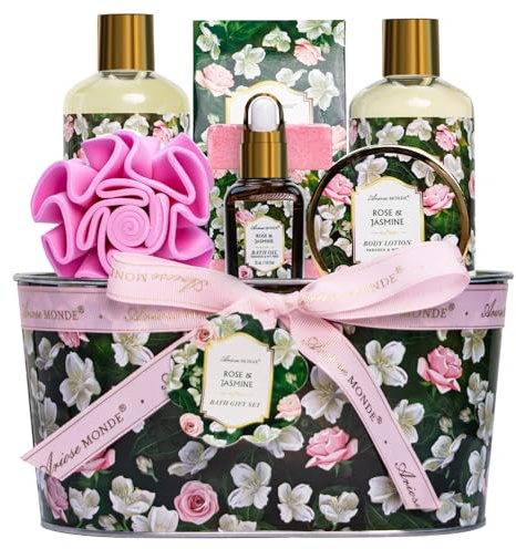 Gift Basket for Women - 8 Pc Rose & Jasmine Beauty & Personal Care Set - Home Bath Pampering Package for Relaxing - Spa Self Care Kit - Thank You, Birthday, Mom, Anniversary, Christmas Gift