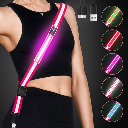 Fitense Lauflicht Joggen mit Reflektoren Gürtel, LED Reflektierende Gürtelschärpe, LED Lauflampe USB Aufladbar Verstellbar Nacht Sicherheitslicht Laufgürtel für Joggen Laufen Running Fahrradfahren