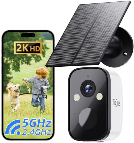TIEJUS 2K Überwachungskamera Aussen Akku Solar 5G/2,4GHz WLAN Kamera Outdoor Kabellose,Kamera Überwachung Aussen/Farbe Nachtsicht/Bewegungssensor/Cloud Storage/IP66