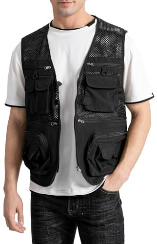 Vanchenl Herren Outdoor Arbeit Mesh Angeln Weste Utility Multi Pocket Schießen Safari Reise Fotografie Waistcoatt (Schwarz-L)