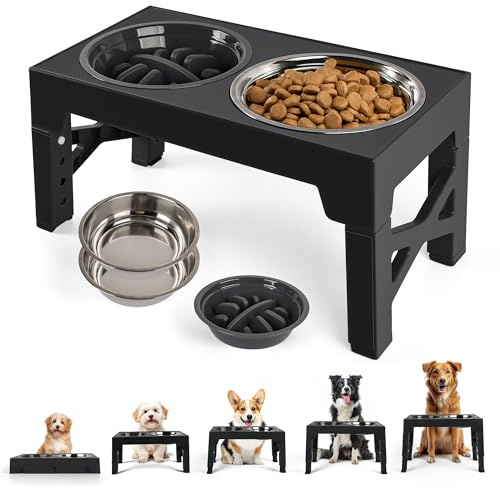 PAWISE Upphöjd hundskål med 5 justerbara höjder, upphöjda hundskålar med 2 x 1 200 ml rostfria stålfat och 1 slow feeder-skål, hundmatningsstation för små, medelstora och stora hundar