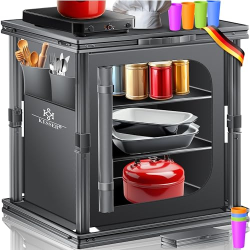 KESSER® Mobiletto da campeggio pieghevole | 60 x 80 cm | Armadio da cucina con struttura in alluminio 3 scomparti con set di 4 tazze, tasche laterali e zanzariera, cucina da campeggio in tessuto