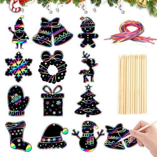 36 Pezzi Natalizie Scratch Art, Natale Fogli di Disegni Scratch, Scratch Art Natale Fogli, con 36 Corde Colorate e 18 Penna in Legno, per Regalini Natale, Decorazione di Natale (A)