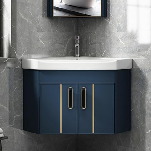 Gabinete de lavabo de baño de montaje en pared con grifo plateado, tocador flotante que ahorra espacio para baños e inodoros