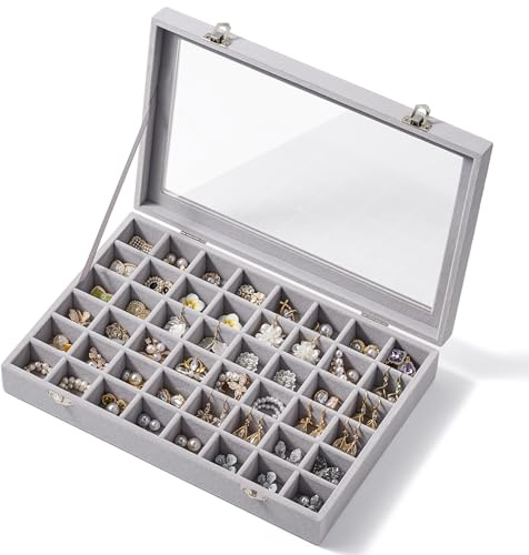 48 Grid Earring Organizer and Storage: Velvet Jewelry Tray with Lid, Jewelry Box for Studs, Earrings, Rings, Necklaces, Dresser & Vanity, Earrings Case Organizer for Girls, Women, 13x8.6x2.4, Grey
