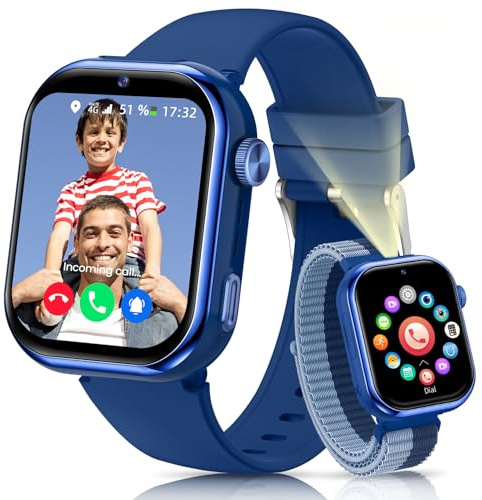 RUXINGX 4G Reloj Inteligente Niño, IP68 Impermeable Smartwatch Niños con GPS y Llamadas, Videollamada, Chat de Voz, SOS, Azul
