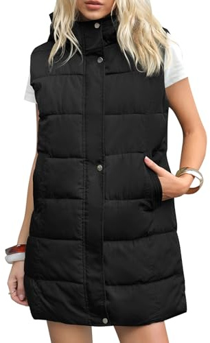 Gihuo Women's Long Puffer Vest Winter Warm Quilted Hooded Zip Up Sleeveless Jacket Vest Gilet (Large, Black)
